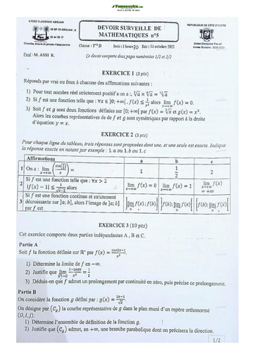 Sujet de Mathématiques Terminale D Lycée Classique Abidjan 2021-2022