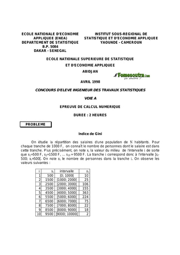 Sujet de Calcul numérique ITS A 1998 (ENSEA - ENSAE - ISSEA)