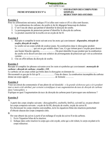 Fiche d'exercices : Oxydations des corps purs simples, réductions des oxydes