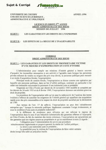 Sujet et corrigé de l'épreuve de Droit Administratif des Biens - Juillet 1996