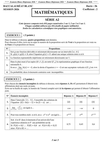 Bac blanc 2026 interne Maths série A2 Sujet Drena Abidjan 4 LYMUA By Tehua
