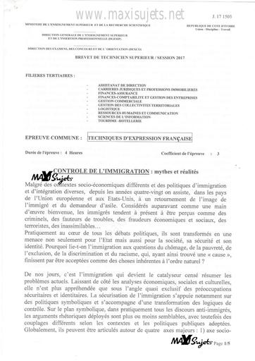 examen BTS2_2017_français_filière tertiaire- ASSISTANAT DE DIRECTION CARRIERE JURIDIQUE ET PROFESSIONS IMMOBILIERES FINANCE ASSURANCE FINANCE COMPTABILITE ET GESTION D’ENTRPRISE GESTION COMMERCIAL GESTION DES COLLECTIVITES TERRITORI