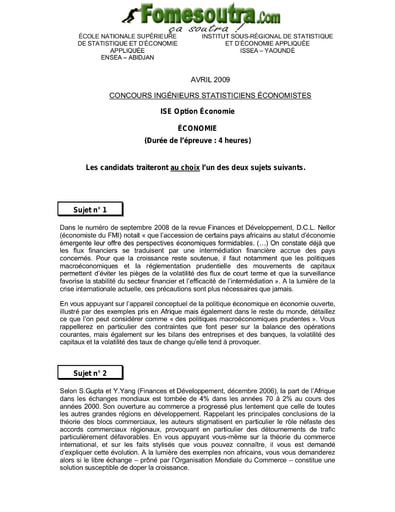 Sujet Economie ISE option économie 2009 (ENSEA - ISSEA)