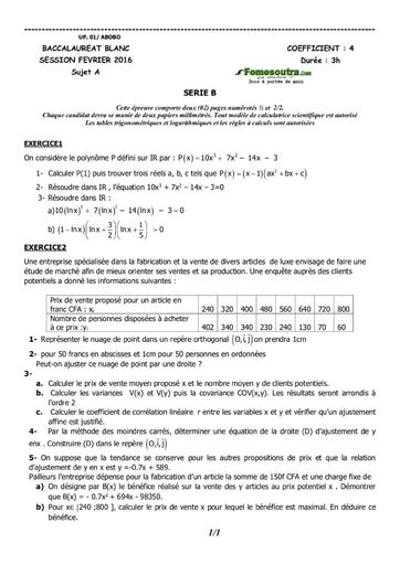 Sujet de Maths BAC blanc 2016 serie B - UP Abobo