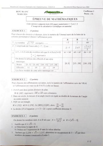 Sujet+barème Bepc blanc 2024 Maths dren Abidjan 4 by Tehua