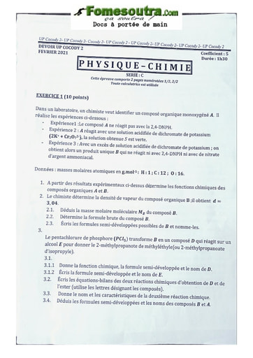 Devoir Physique-Chimie Terminale C 2020-2021 Lycée Classique Abidjan