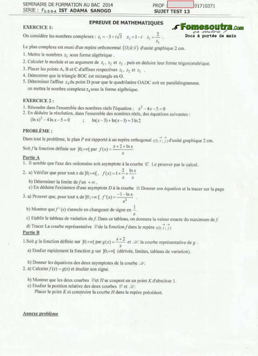 Sujet de Maths BAC blancs série F1, F2, F3, F4 ADAMA SANOGO 2014