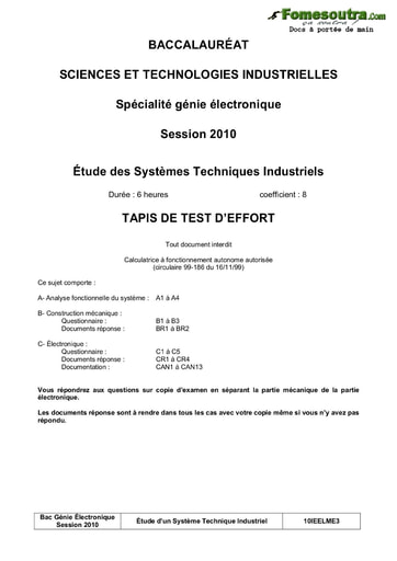 Présentation du Sujet corrigé Tapis de test d’effort - Étude des Systèmes Techniques Industriels - BAC 2010