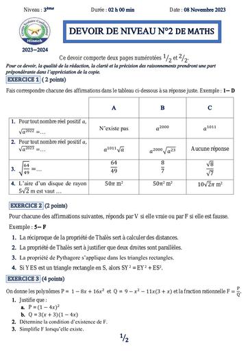 DEVOIR DE NIVEAU Maths de maths 3ieme by Tehua