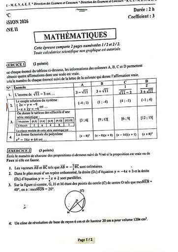 Bepc 2026 Mathématiques zone 2 sujet by Tehua