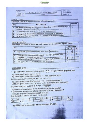 Sujets de mathématiques Première C Lycée Classique Abidjan 22-23