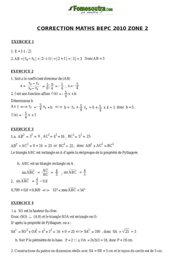 Corrigé de mathématique BEPC 2010 Zone 2