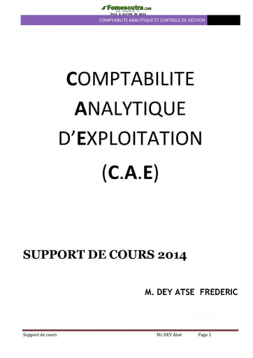 Comptabilité Analytique d'Exploitation (C.A.E) - Support de cours Licence L3 Comptabilité Analytique et Contrôle de Gestion