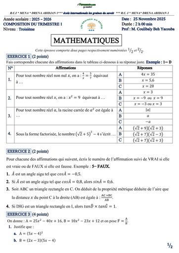 COMPOSITION DU TRIMESTRE 1 Maths 3ème LES GDS By Tehua