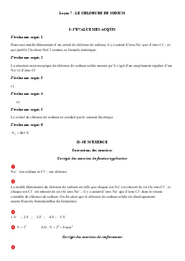 Corrigés Leçon 7 Le chlorure de sodium