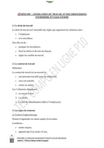 RÉSUMÉ DE COURS INFAS IDE ET SF DROIT– LÉGISLATION DU TRAVAIL BY TEHUA