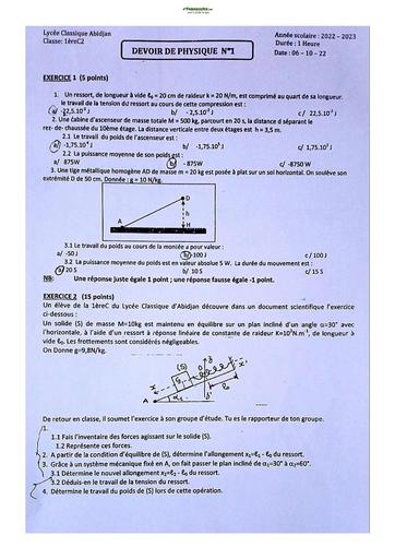 Sujet de Physique-Chimie Première C Lycée Classique Abidjan  2023