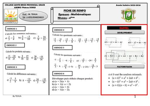 Fiche renfo 4ieme 27 janvier 2024 by Tehua