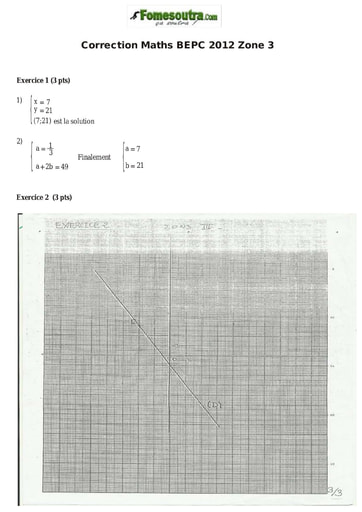 Corrigé de mathématique BEPC 2012 Zone 3