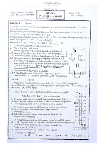 Sujet de Chimie Niveau Première D Lycée Classique Abidjan 2022-2023
