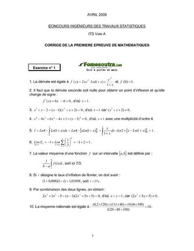 Corrigé 1ère épreuve de maths ITS A 2009 (ENSAE - ISSEA)