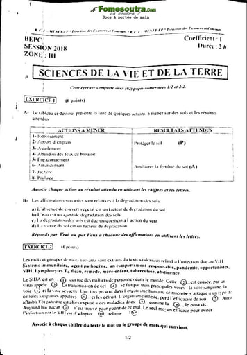 Sujet corrigé et barème SVT BEPC 2018 Zone 3