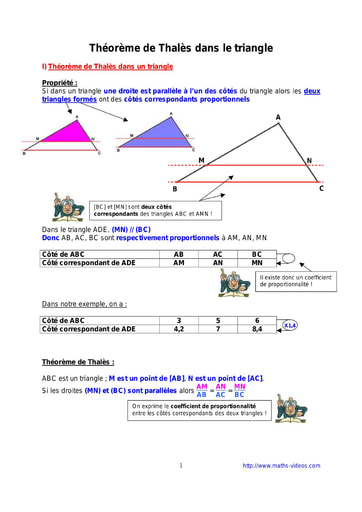 Théorème de Thalès dans le triangle - Cours maths niveau 4eme