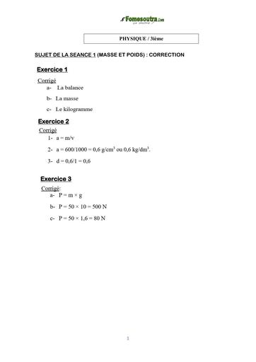 COURS DE VACANCES physique 3ieme CORRIGE SUJET 1 (masse et poids) BY TEHUA