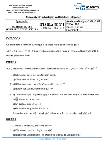 EPREUVE DE MATHEMATIQUES GENERALES & STATISTIQUES IDA