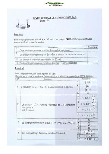 Sujet de Mathématiques Terminale D Lycée Classique 2021-2022