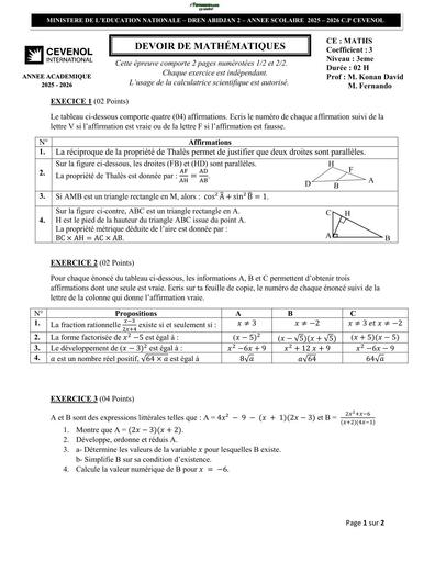 DEVOIR DE Maths NIVEAU 3ième 25 26 Trimestre 1 Cevenol by TEHUA