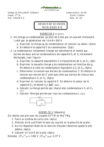 Devoir (6) de Physique-chimie 1ère D Challenge de Dimbokro