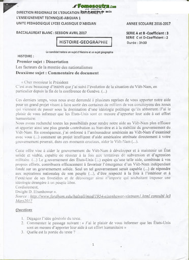 Sujet d'Histoire et Geographie BAC blanc 2017 serie A, C , B et D - Lycée Classique d'Abidjan (DRENET Abidjan 1)