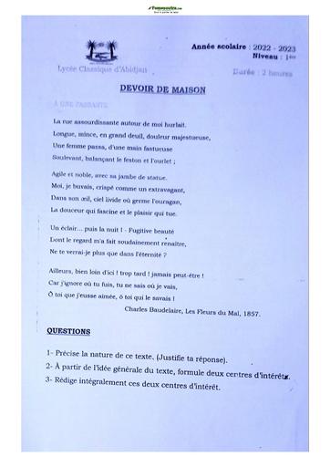 Sujet de Français Niveau Première D Lycée Classique Abidjan 2022-2023