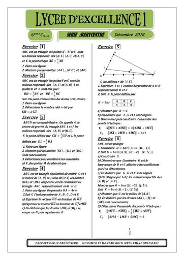 SERIE D'EXERCICES MATHS SUR BARYCENTRE by TEHUA