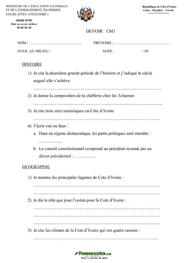 Devoir d'Eveil au milieu niveau CM1 - Cours Attey
