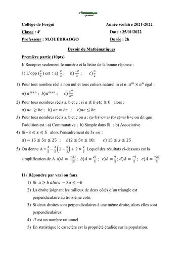 SUJET 4ième Devoir De Maths n°1 deuxième trimestre by TEHUA