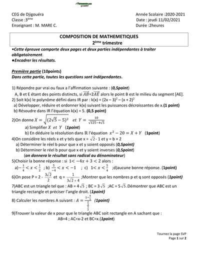 SUJET MATHS 3ième TRIMESTRE 2 CEG DE DJIGOUERA 2025 BY TEHUA