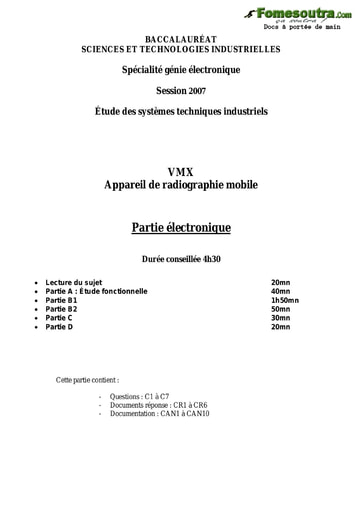 Sujet corrigé VMX Appareil de radiographie mobile - Étude des Systèmes Techniques Industriels - BAC 2007