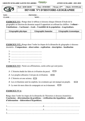 Devoir Histoire-Géographie 6ème 2021-2022