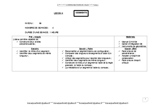 Fiche de cours Maths 6ième Leçon 4  Segments by TEHUA