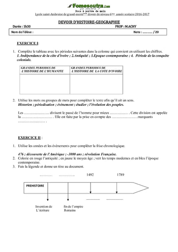 Devoir d'histoire et géographie niveau 6eme - Lycée saint-Ambroise de Grand-Morié