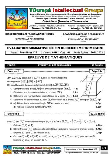 Devoir de Maths premiere C E cameroun