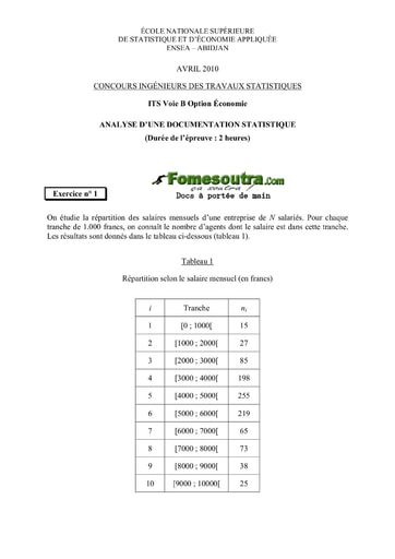 Sujet Analyse d'une Documentation Statistique ITS B option Economie 2010 (ENSEA)