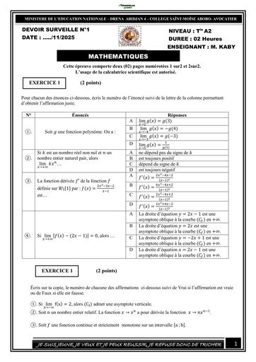 SUJET Tle A devoir maths Tle A 22025 2026 BY TEHUA