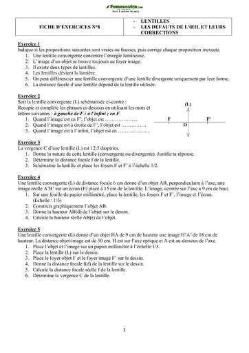 Fiche d'exercices : Les lentilles, les défauts de l'œil et leurs corrections