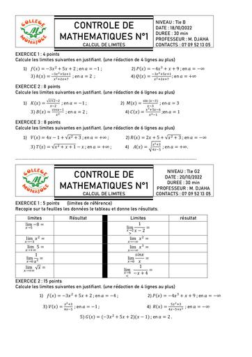 CONTROLE MATHS 1 Tle B et G2 By DJAHA