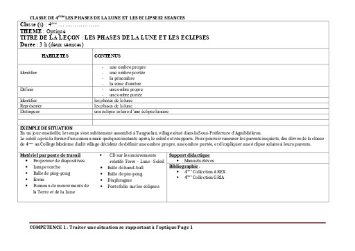 FICHE DE COURS PC 4ième LES PHASES DE LA LUNE ET LES ECLIPSES by TEHUA