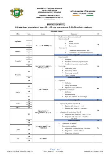 PROGRESSION MATHS 2NDE G1 2026 BY TEHUA