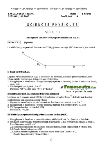 Sujet de Physique-Chimie BAC blanc 2007 série D Collège Le Challenge